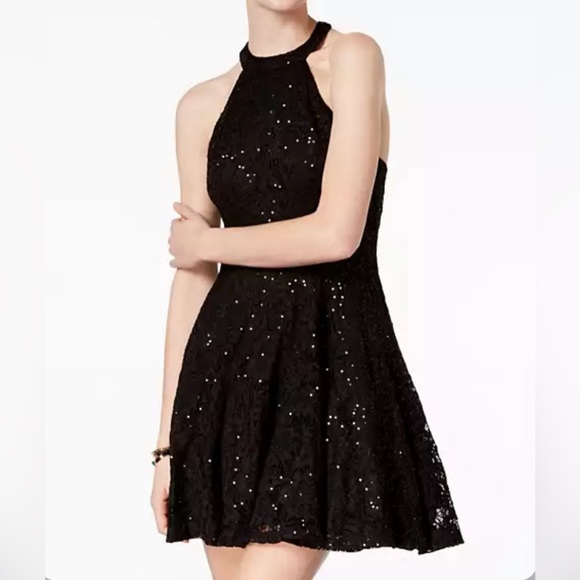 LACY’S B DARLIN JUNIORS SEQUINED LACE HALTER DRESS BLACK - 11/12 - Picture 1 of 4